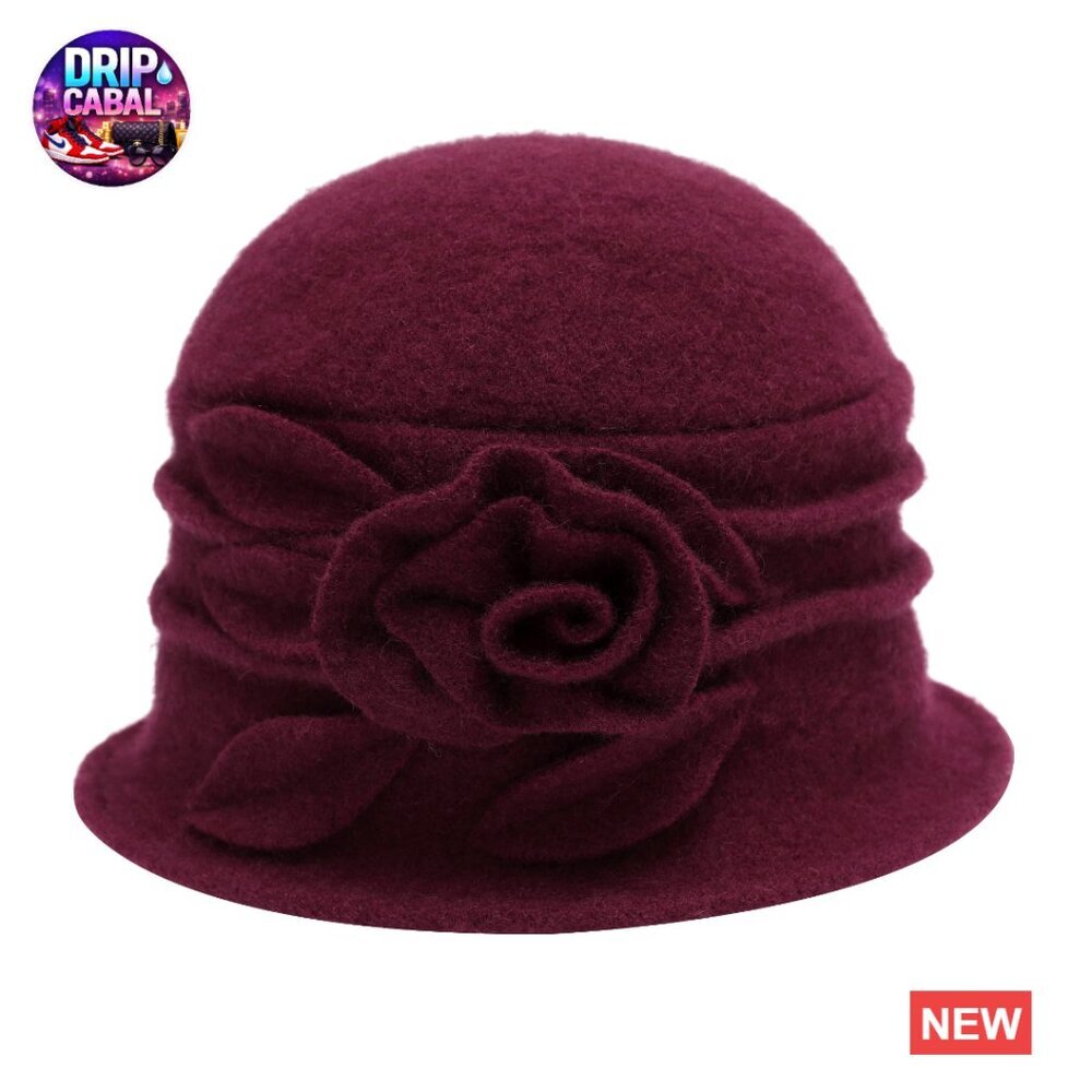 Wool Blend Vintage Cloche Bucket Hat with Stitched Flower Accent